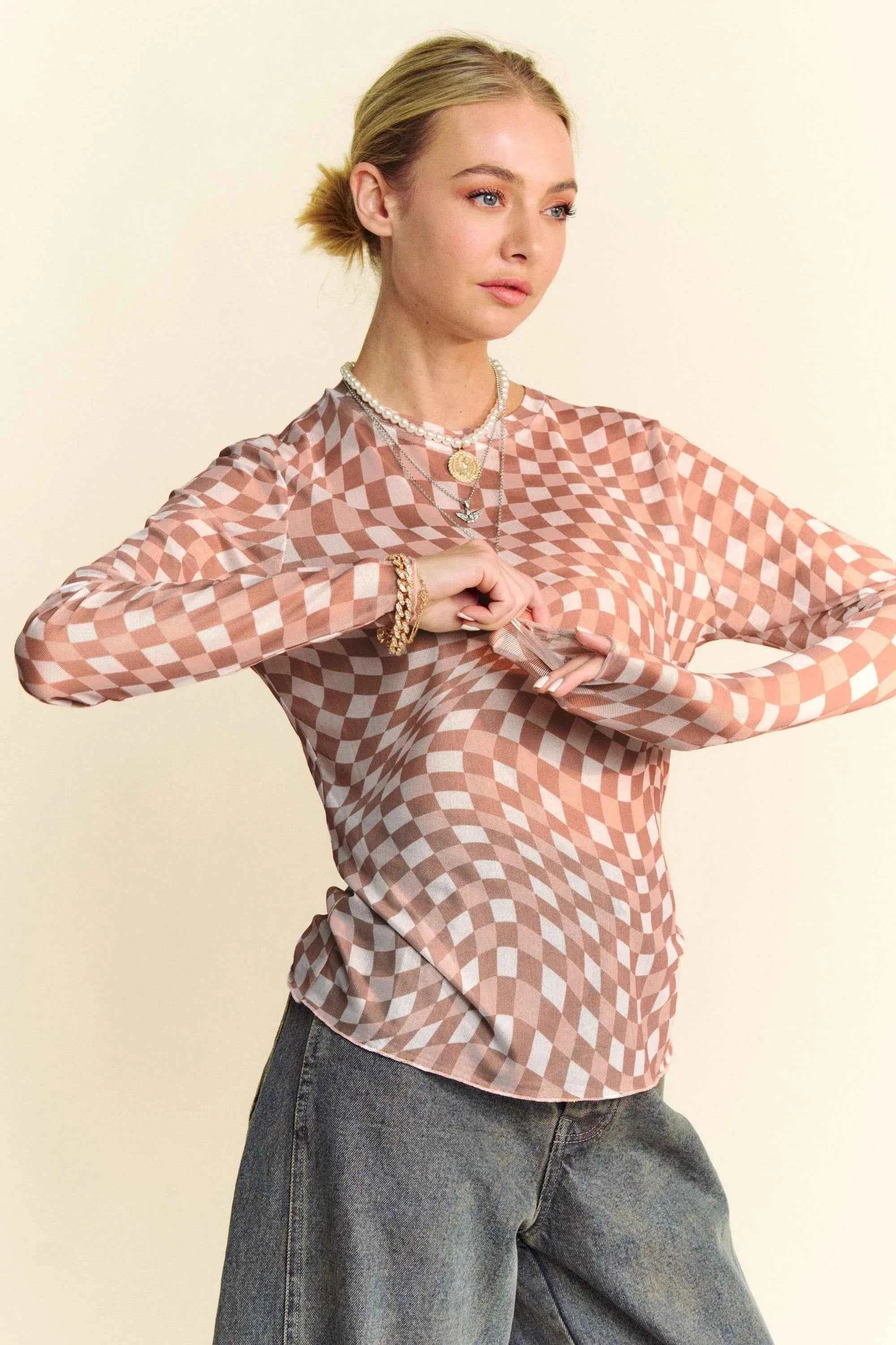 Davi & Dani Checker Board Mesh Long Sleeve Layering Top Davi & Dani Checker Board Mesh Long Sleeve Layering Top