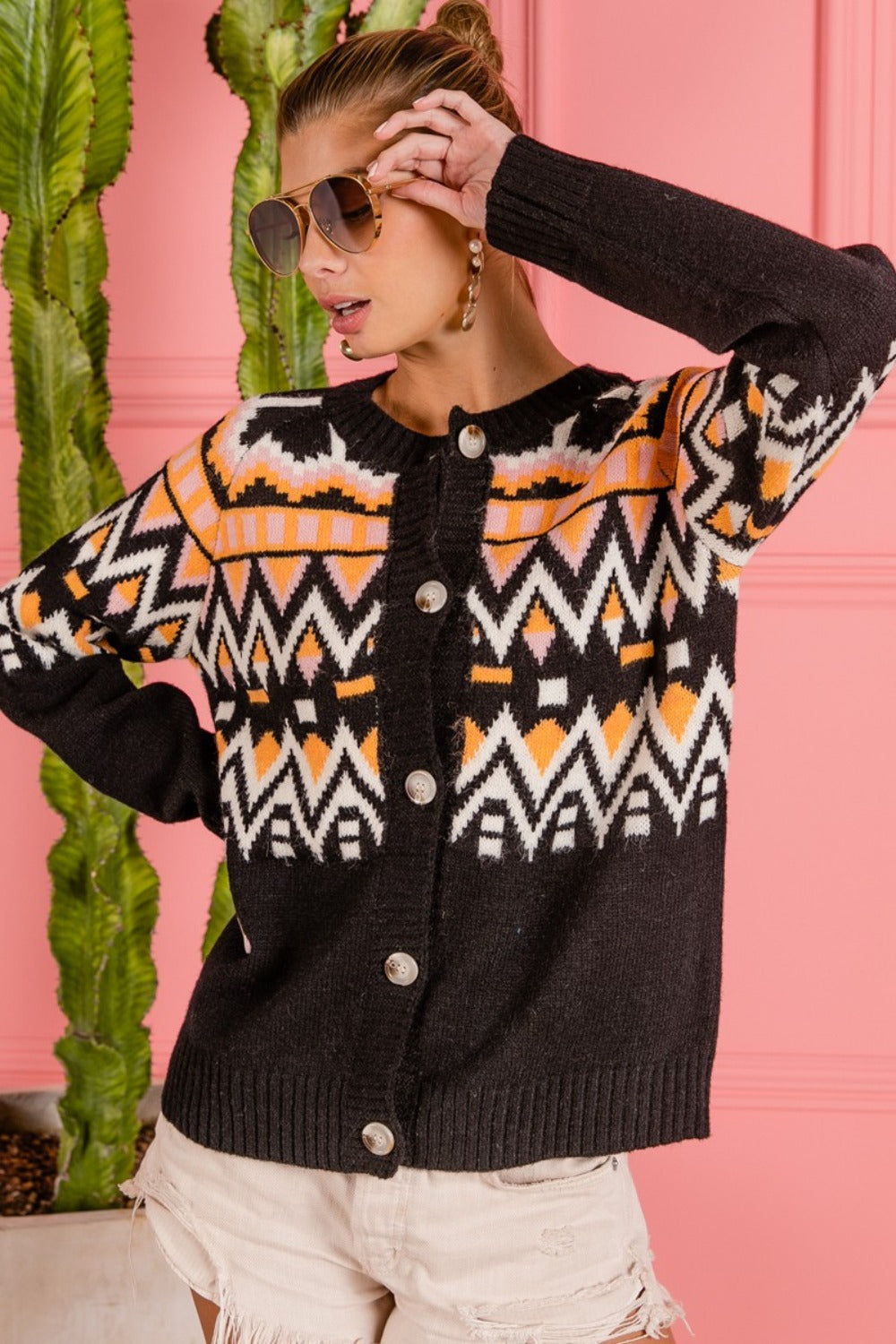 BiBi Ethnic Pattern Button Up Knit Cardigan BiBi Ethnic Pattern Button Up Knit Cardigan