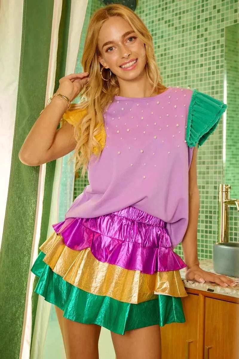 BiBi Mardi Gras Color Block Metallic Tiered Skirt BiBi Mardi Gras Color Block Metallic Tiered Skirt
