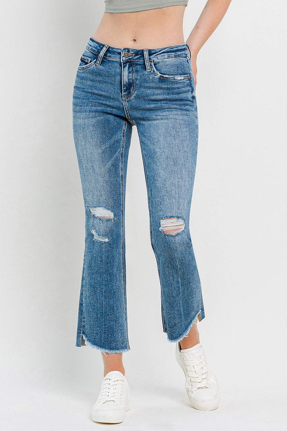 Vervet by Flying Monkey Full Size Mid Rise Distressed Cropped Flare Jeans Vervet by Flying Monkey Full Size Mid Rise Distressed Cropped Flare Jeans - TopFashionHQ