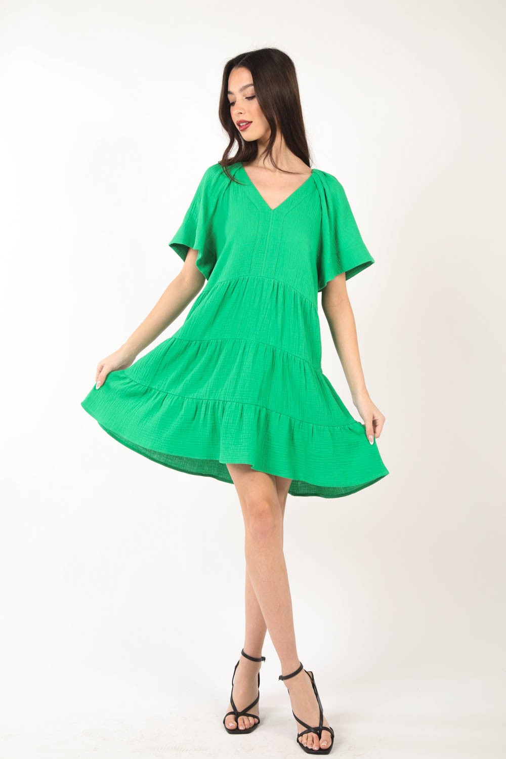 VERY J Texture V-Neck Ruffled Tiered Dress VERY J Texture V-Neck Ruffled Tiered Dress - TopFashionHQ