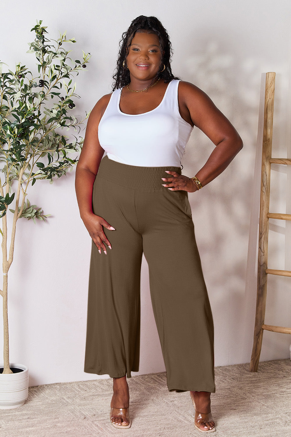 Double Take Full Size Smocked Wide Waistband Wide Leg Pants Double Take Full Size Smocked Wide Waistband Wide Leg Pants - TopFashionHQ