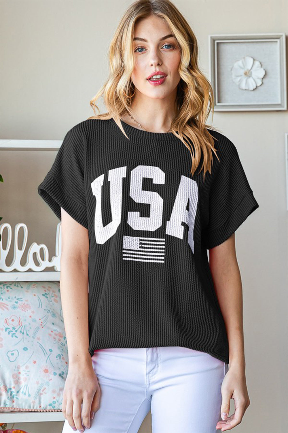 Heimish Full Size USA Graphic Short Sleeve Ribbed Top Heimish Full Size USA Graphic Short Sleeve Ribbed Top - TopFashionHQ