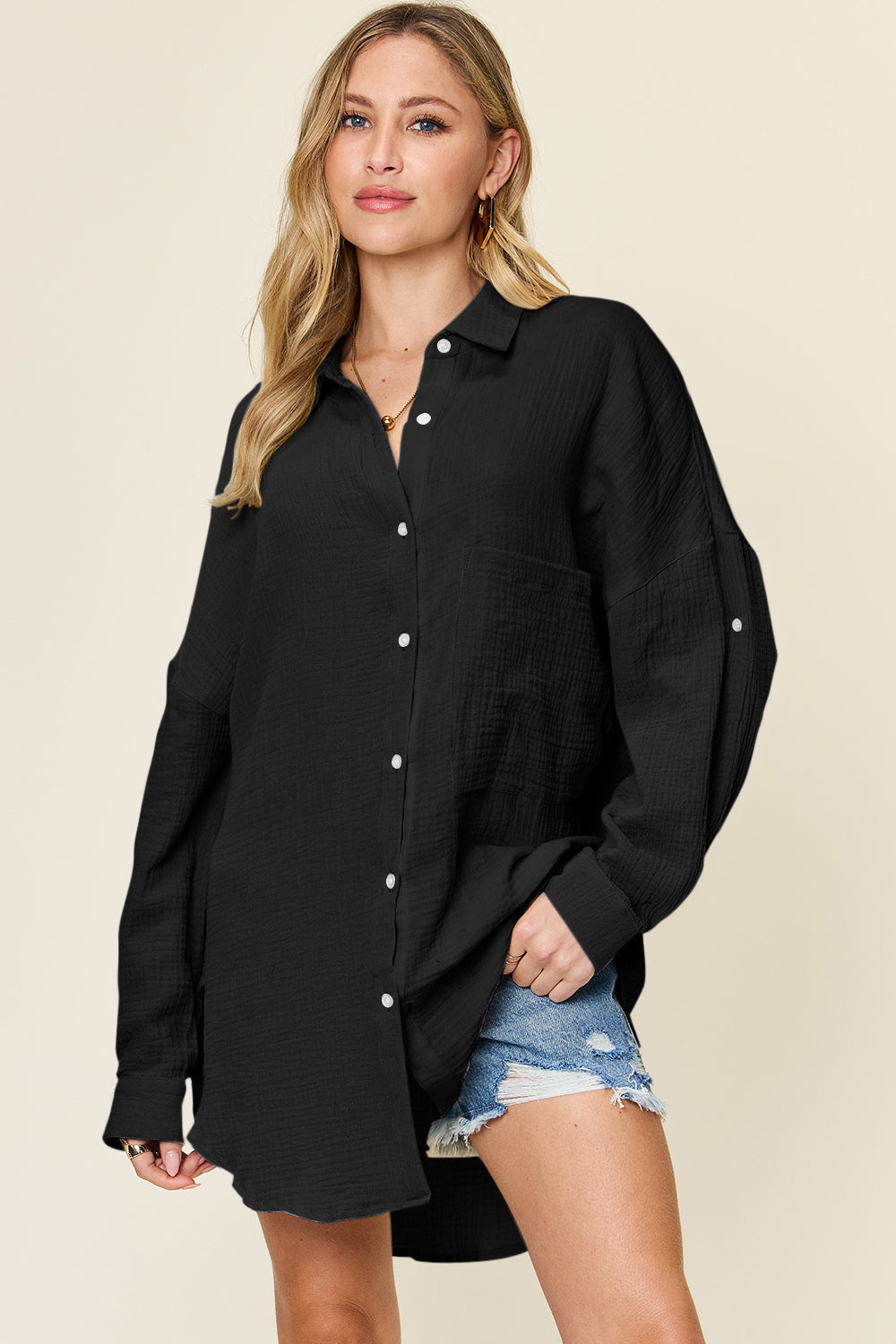 Double Take Full Size Pocketed Texture Button Up Shirt Double Take Full Size Pocketed Texture Button Up Shirt