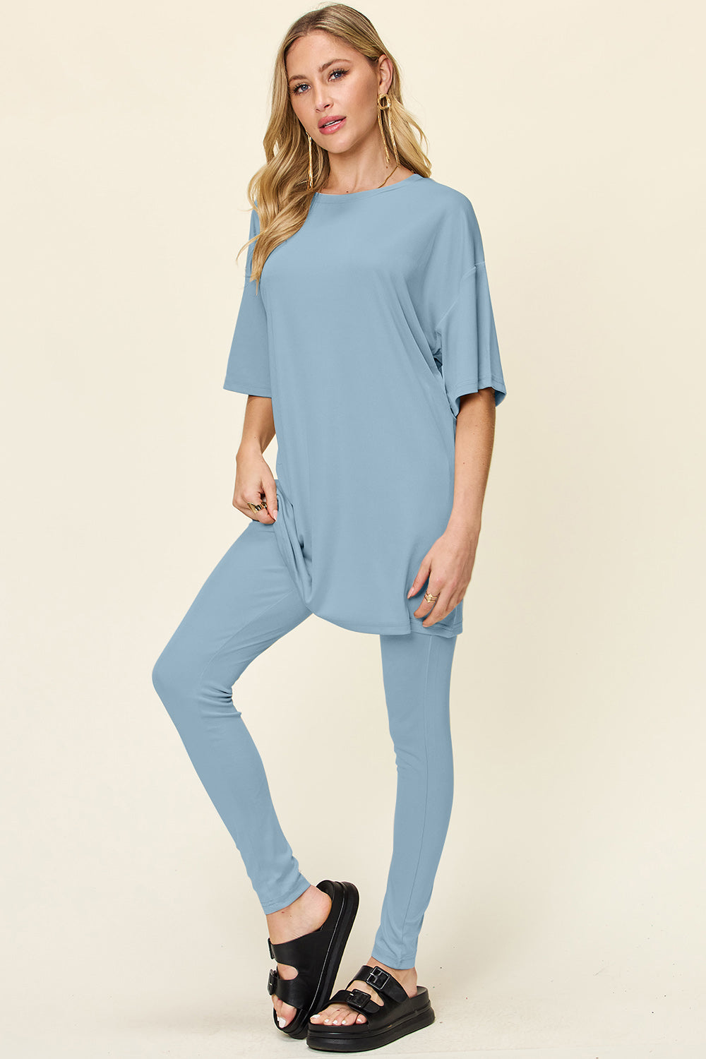 Double Take Full Size Round Neck Dropped Shoulder T-Shirt and Leggings Set Double Take Full Size Round Neck Dropped Shoulder T-Shirt and Leggings Set