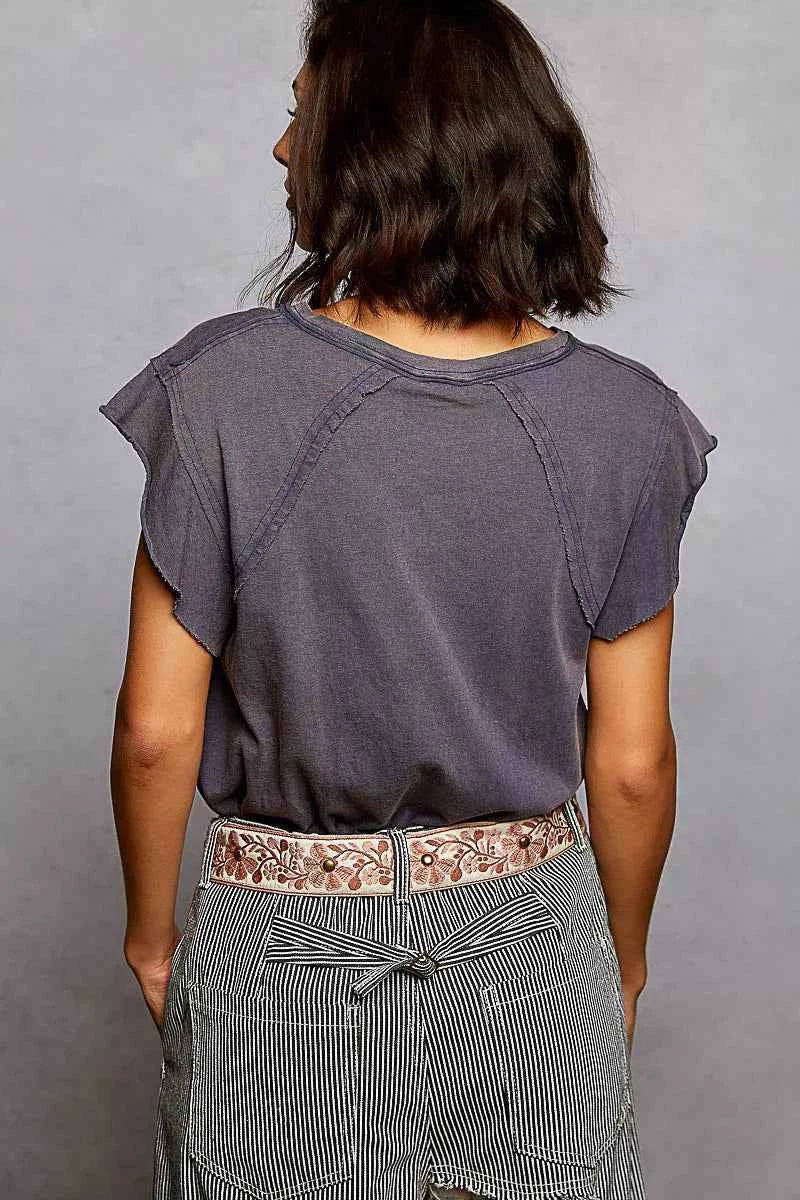 POL V-Neck Short Sleeve T-Shirt with Ruffle Sleeve POL V-Neck Short Sleeve T-Shirt with Ruffle Sleeve