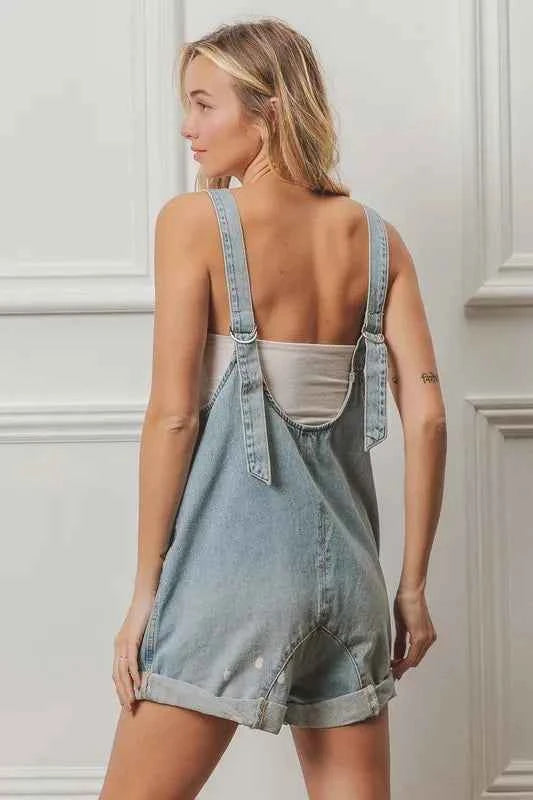 BiBi Folded Hem Vintage Washed Denim Overalls BiBi Folded Hem Vintage Washed Denim Overalls