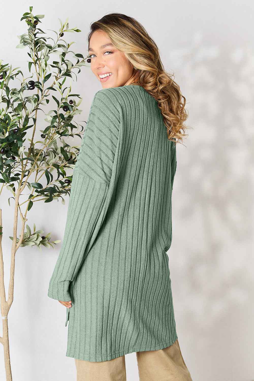 Basic Bae Full Size Ribbed Round Neck Long Sleeve Slit Top Basic Bae Full Size Ribbed Round Neck Long Sleeve Slit Top