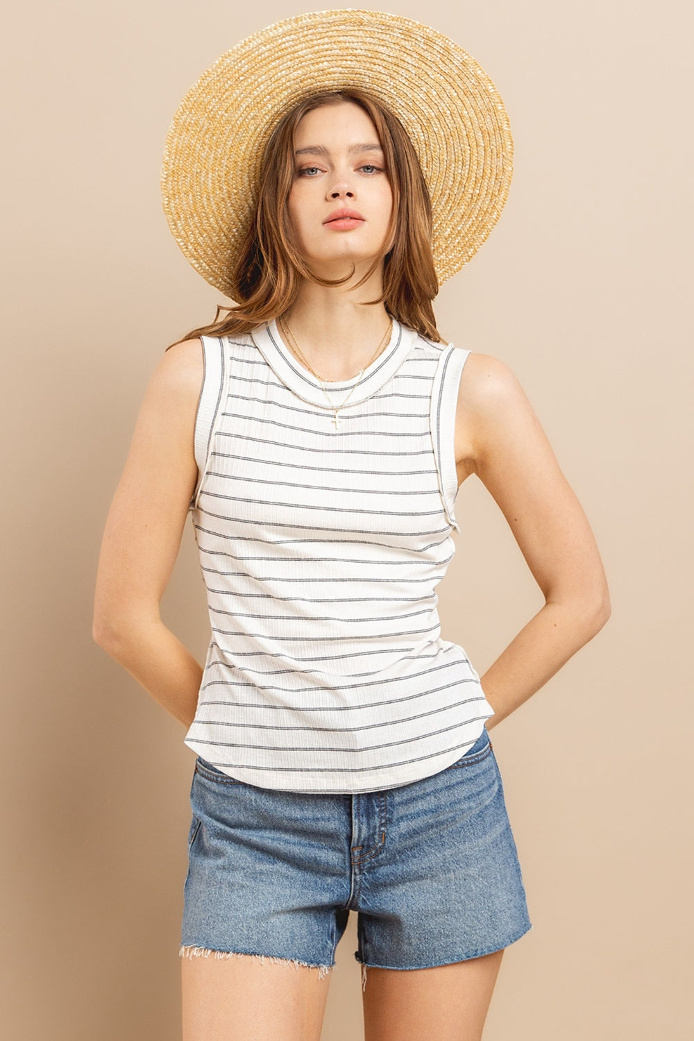 Ces Femme Striped Round Neck Tank Ces Femme Striped Round Neck Tank - TopFashionHQ