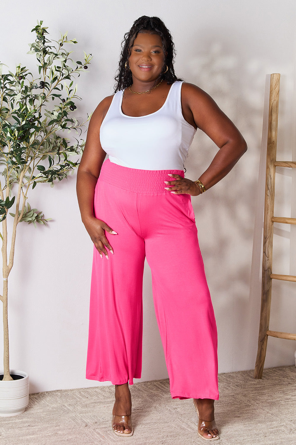 Double Take Full Size Smocked Wide Waistband Wide Leg Pants Double Take Full Size Smocked Wide Waistband Wide Leg Pants - TopFashionHQ