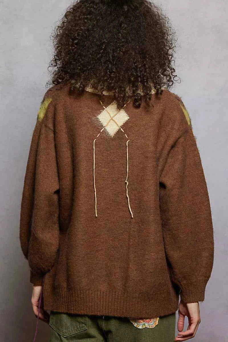 POL V-Neck Argyle Pattern Mohair Sweater with Contrast Exposed Stitch Detail POL V-Neck Argyle Pattern Mohair Sweater with Contrast Exposed Stitch Detail