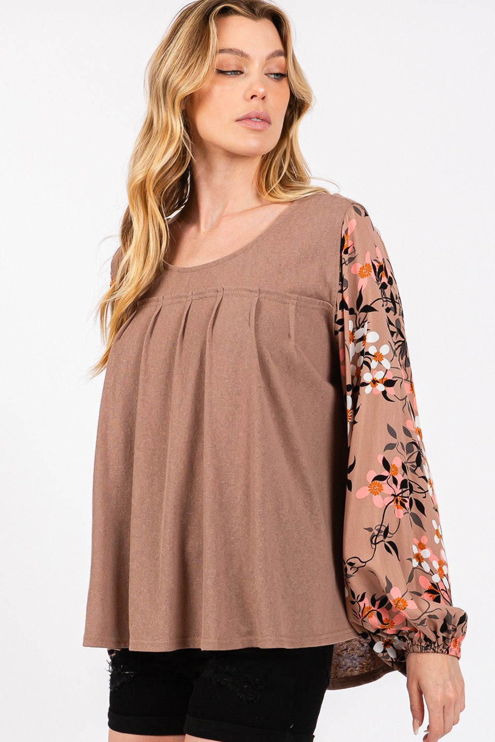 SAGE + FIG Floral Long Sleeve Front Pleated Detail Blouse SAGE + FIG Floral Long Sleeve Front Pleated Detail Blouse - TopFashionHQ
