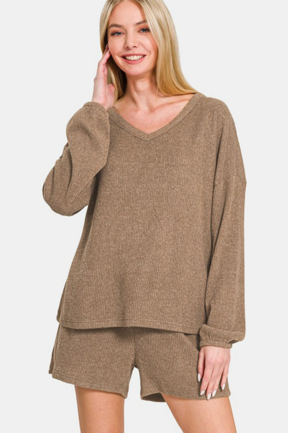 Zenana V-Neck Long Sleeve Ribbed Top and Shorts Set Zenana V-Neck Long Sleeve Ribbed Top and Shorts Set - TopFashionHQ