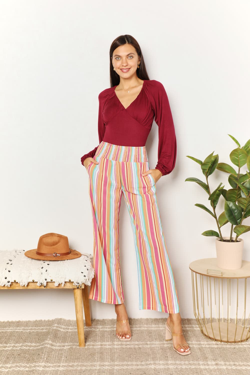 Double Take Striped Smocked Waist Pants with Pockets Double Take Striped Smocked Waist Pants with Pockets - TopFashionHQ