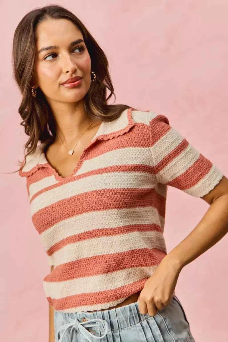 SO ME Stripe Short Sleeve Cropped Sweater SO ME Stripe Short Sleeve Cropped Sweater