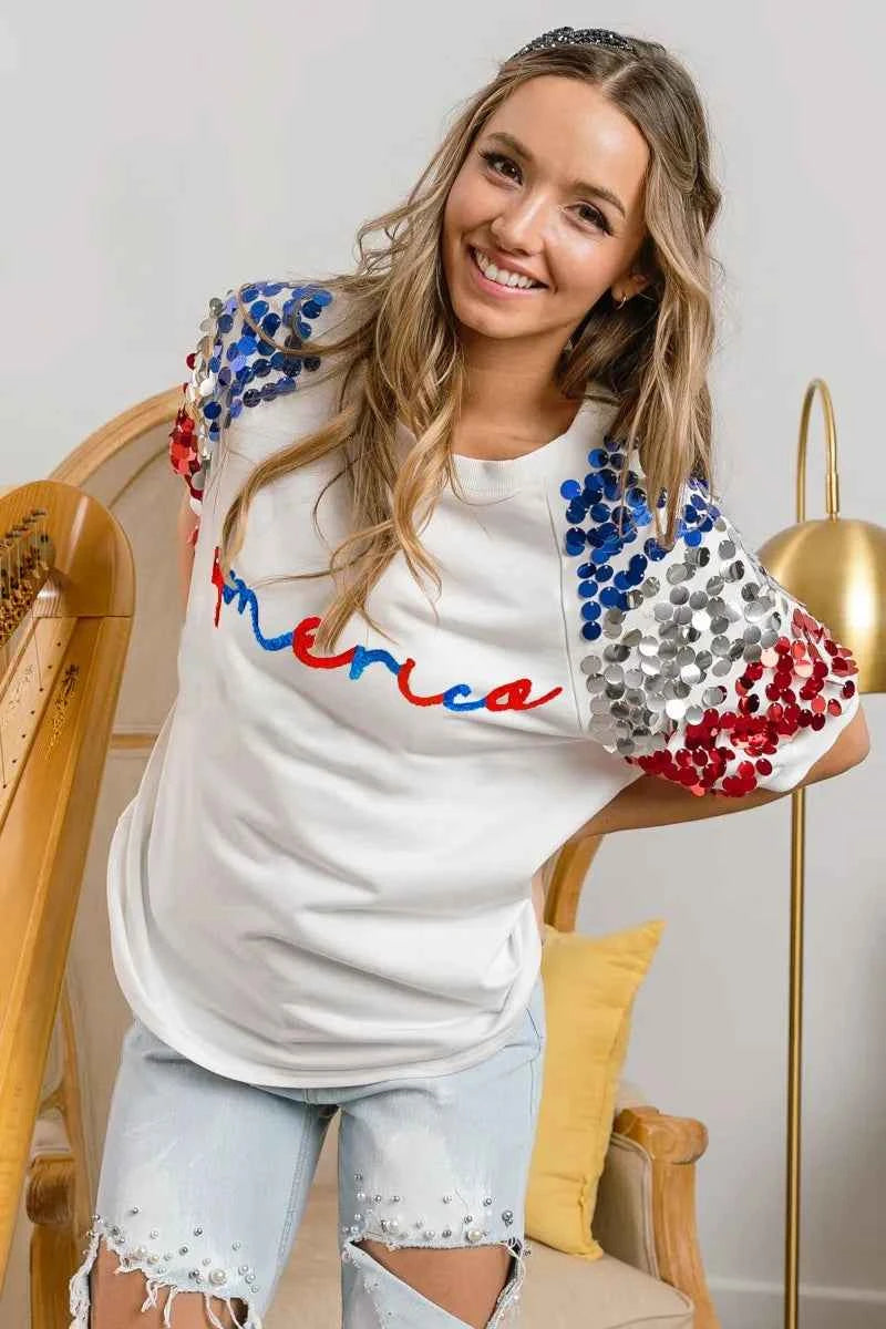 BiBi America Letter Applique Spangle Puff Sleeves Top BiBi America Letter Applique Spangle Puff Sleeves Top