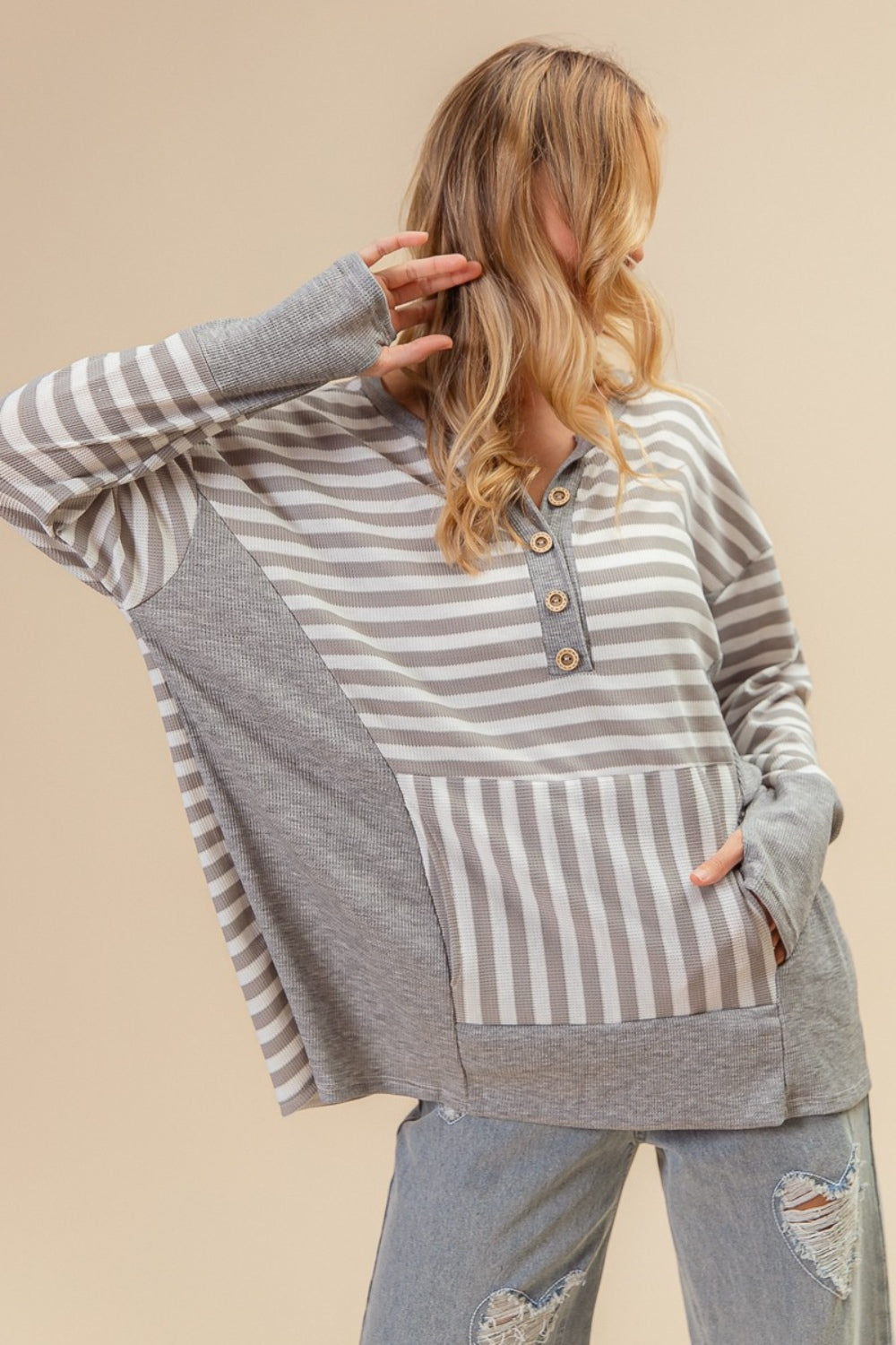 BiBi Striped Thumbhole Long Sleeve Top BiBi Striped Thumbhole Long Sleeve Top - TopFashionHQ