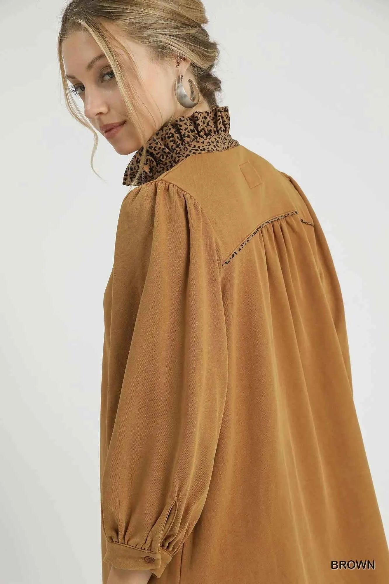 Umgee French Terry Balloon Sleeve Shift Dress with Leopard Print Detail Umgee French Terry Balloon Sleeve Shift Dress with Leopard Print Detail