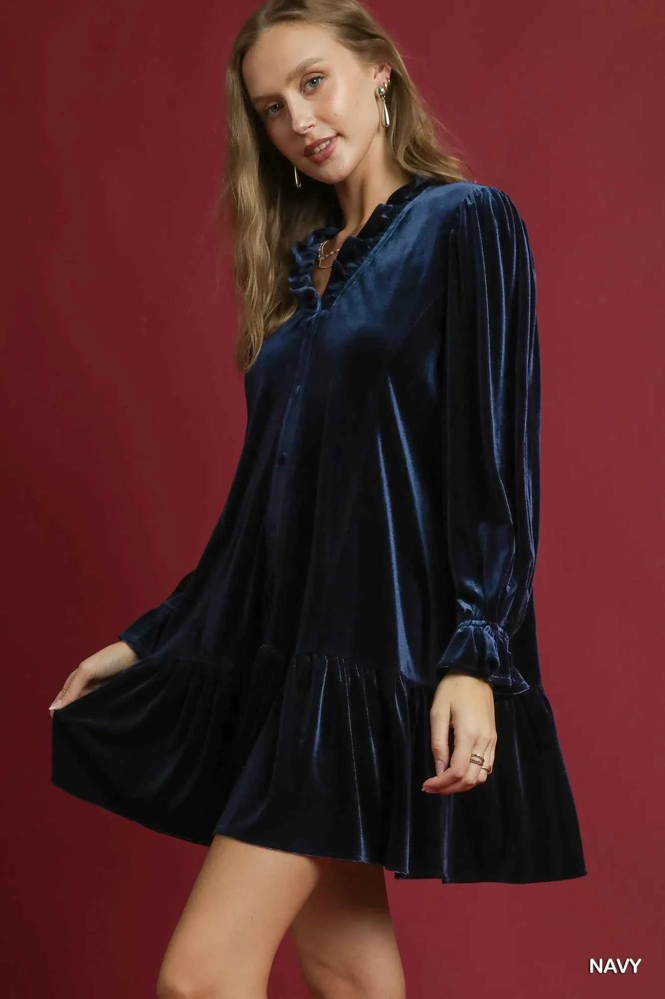 Umgee Velvet Ruffle Trim Mini Dress Umgee Velvet Ruffle Trim Mini Dress
