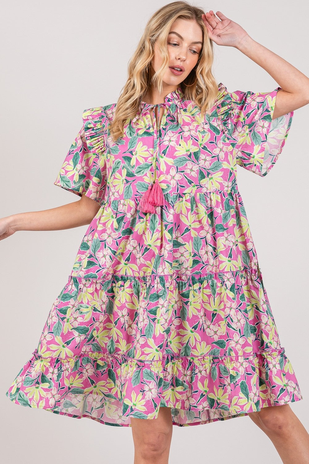 SAGE + FIG Floral Ruffle Short Sleeve Dress SAGE + FIG Floral Ruffle Short Sleeve Dress - TopFashionHQ