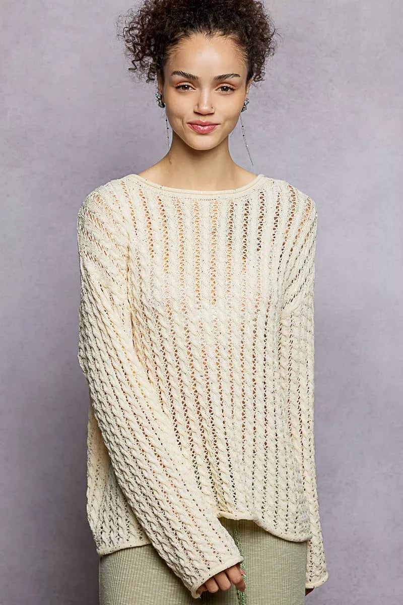 POL Openwork Round Neck Knit Top with Shiny Detail c8360730-9ad0-4e9b-8504-6b7b9346a0d0-Max-Origin