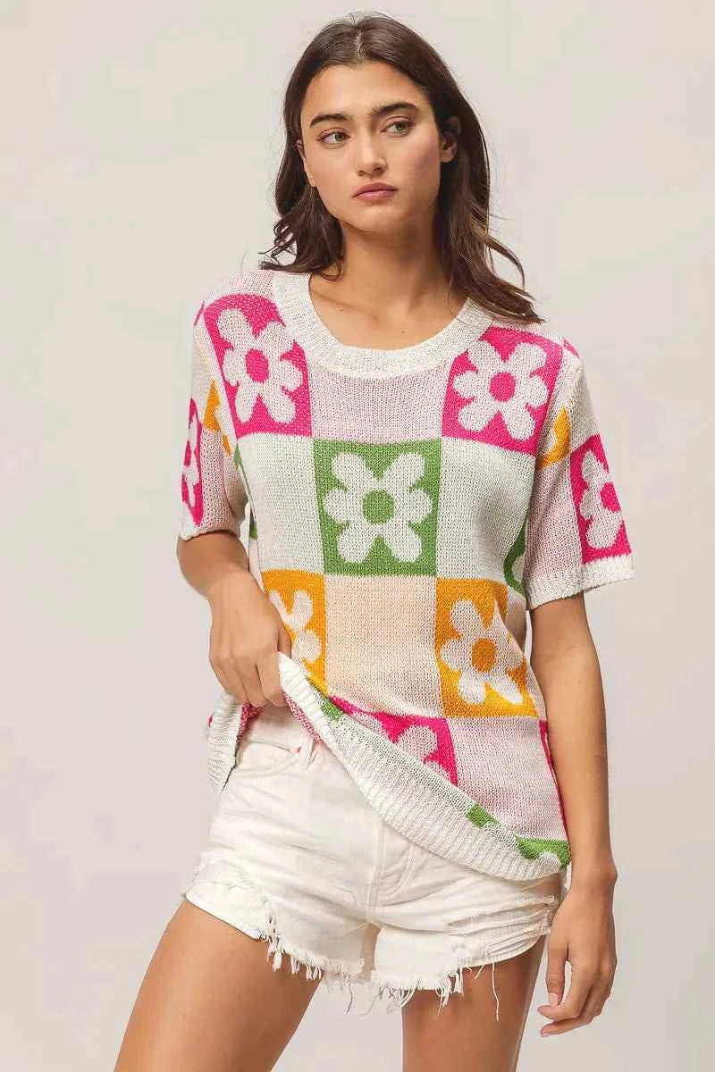 BiBi Flower Checker Pattern Lightweight Sweater Top BiBi Flower Checker Pattern Lightweight Sweater Top