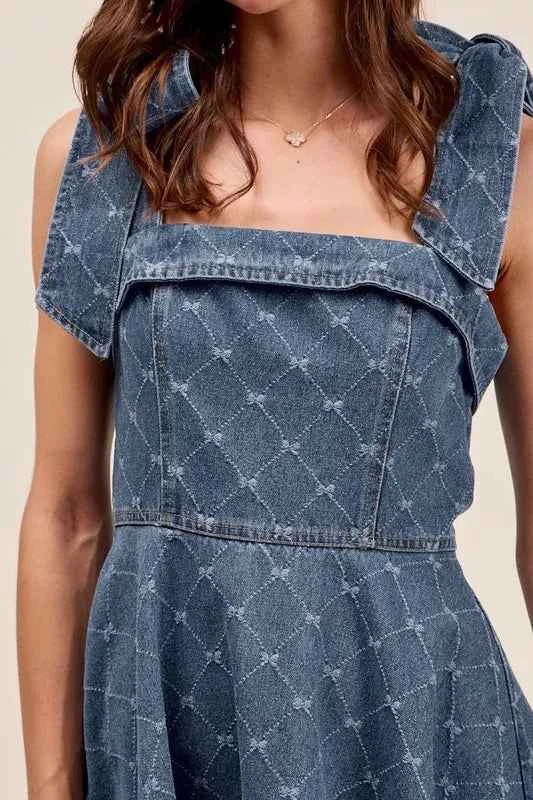 SO ME A Line Fit and Flare Diamond Bow Ribbon Denim Dres SO ME A Line Fit and Flare Diamond Bow Ribbon Denim Dres