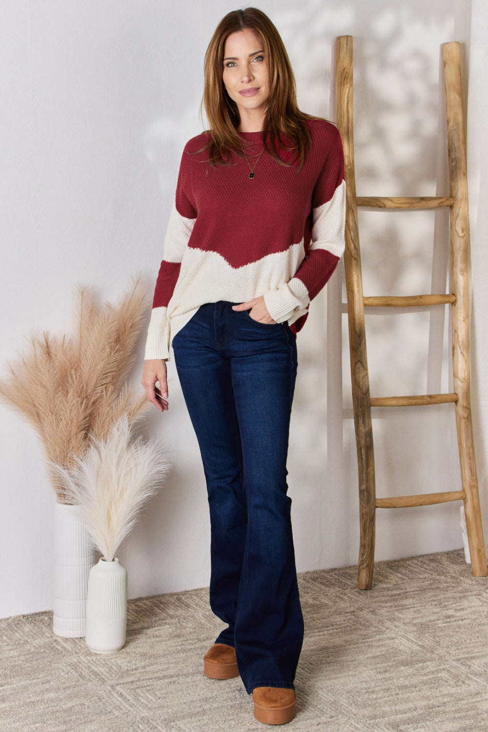 Hailey & Co Full Size Color Block Dropped Shoulder Knit Top Hailey & Co Full Size Color Block Dropped Shoulder Knit Top - TopFashionHQ