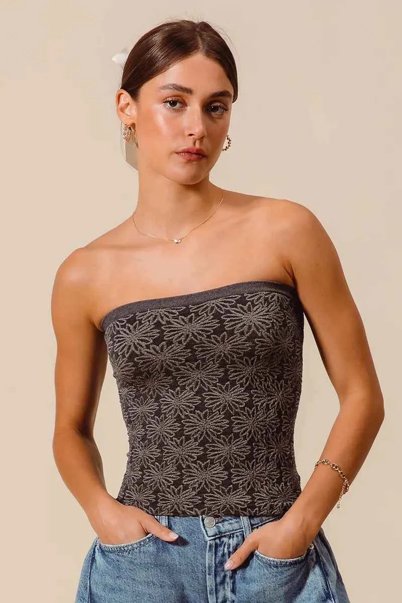 SO ME Jacquard Floral Two Tone Seamless Tube Top SO ME Jacquard Floral Two Tone Seamless Tube Top