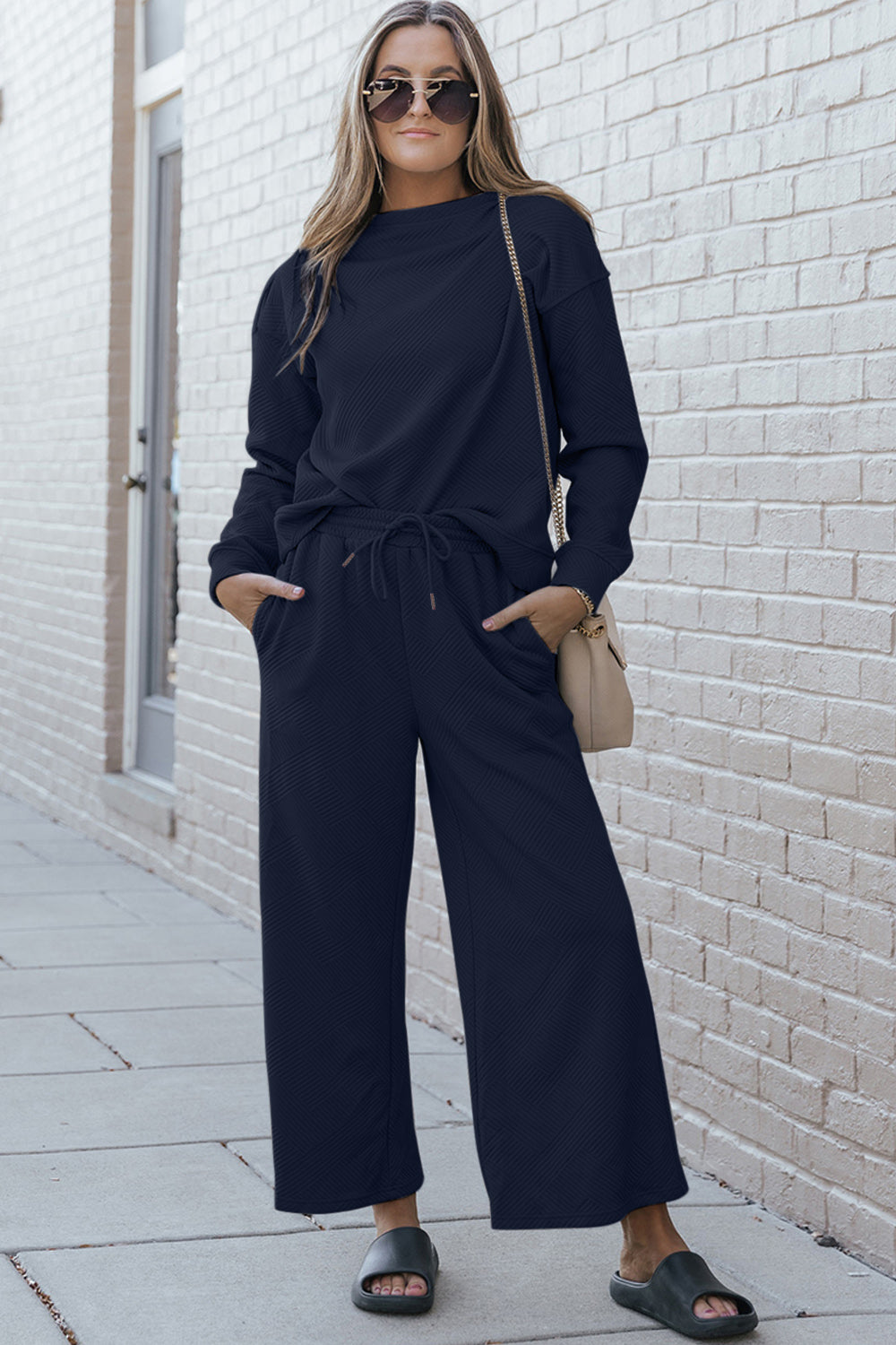Double Take Full Size Textured Long Sleeve Top and Drawstring Pants Set Double Take Full Size Textured Long Sleeve Top and Drawstring Pants Set - TopFashionHQ