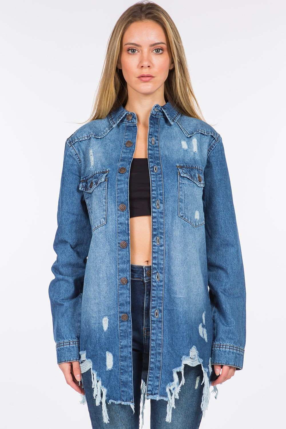 American Bazi Distressed Frayed Hem Denim Jacket American Bazi Distressed Frayed Hem Denim Jacket - TopFashionHQ