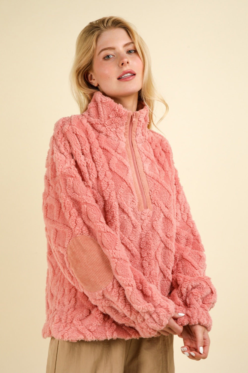 VERY J Fuzzy Fleece Half Zip Cable Pattern Sweatshirt VERY J Fuzzy Fleece Half Zip Cable Pattern Sweatshirt