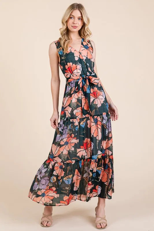 Lime 'N' Chili Floral Print Sleeveless Tie Waist Maxi Dress c8f3532bf2374b4ca4d516d814041246-Max-Origin
