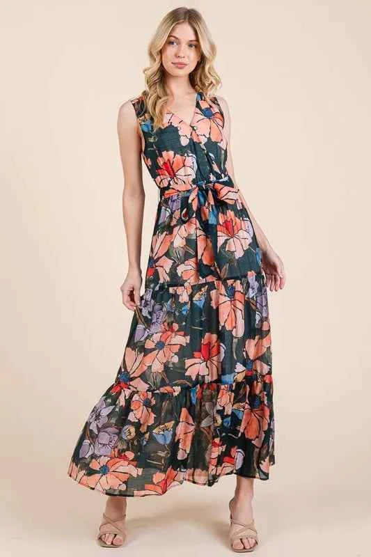 Lime 'N' Chili Floral Print Sleeveless Tie Waist Maxi Dress Lime 'N' Chili Floral Print Sleeveless Tie Waist Maxi Dress