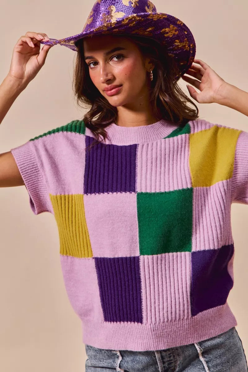 SO ME Mardi Gras Check Plaid Casual Sweater Top c8fe8eb46bc54468923196e032269960-Max-Origin