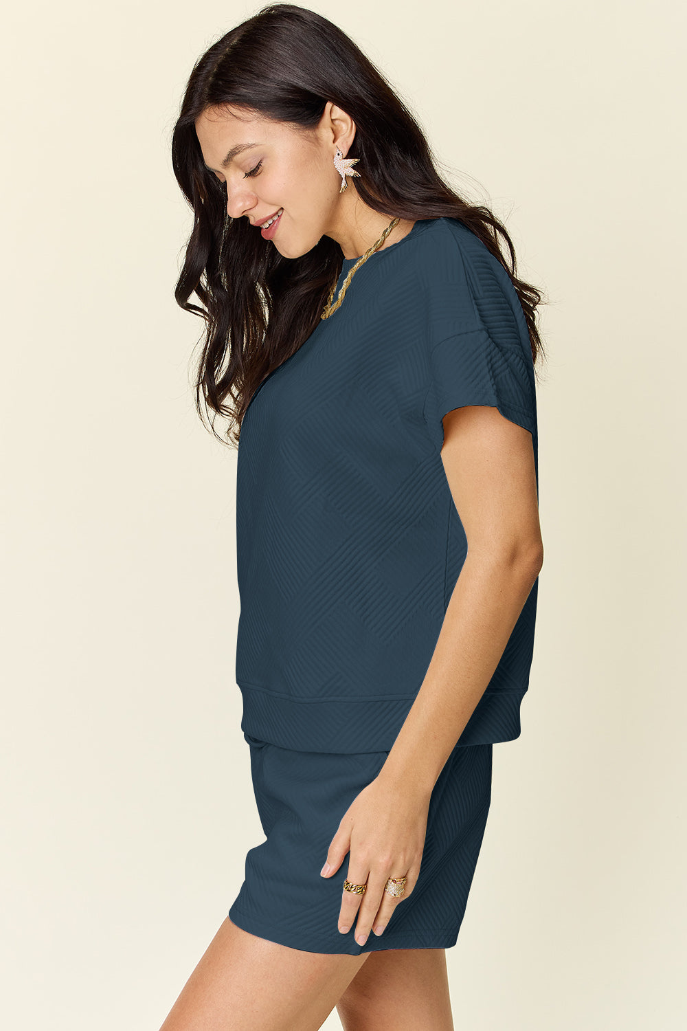 Double Take Full Size Texture Short Sleeve T-Shirt and Drawstring Shorts Set Double Take Full Size Texture Short Sleeve T-Shirt and Drawstring Shorts Set