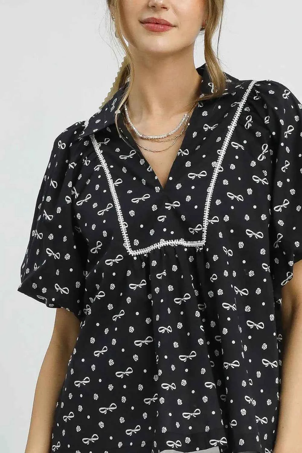 Umgee Bow Print Puff Sleeve Blouse Umgee Bow Print Puff Sleeve Blouse