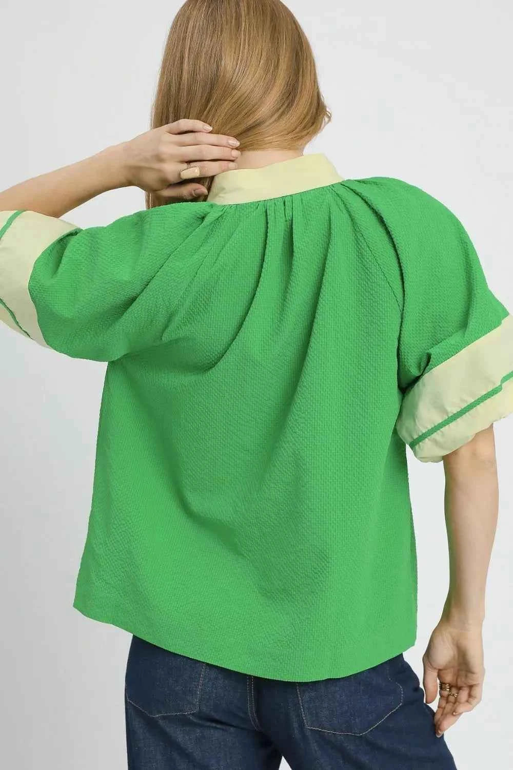 Umgee Contrast Trim Notched Puff Sleeve Blouse Umgee Contrast Trim Notched Puff Sleeve Blouse