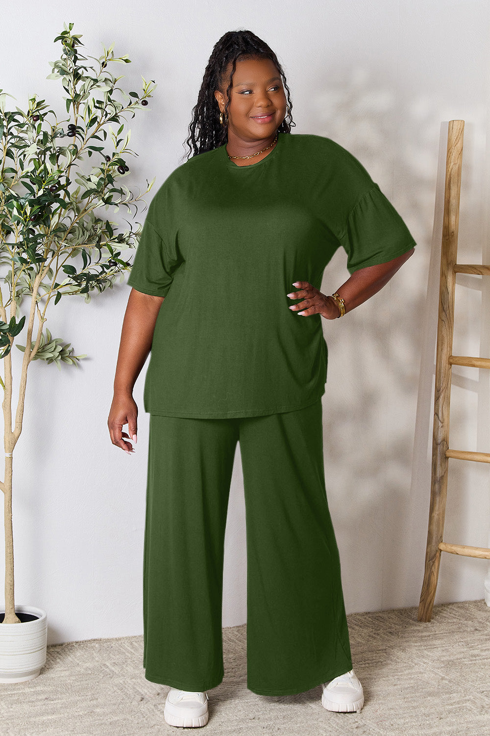 Double Take Full Size Round Neck Slit Top and Pants Set Double Take Full Size Round Neck Slit Top and Pants Set - TopFashionHQ