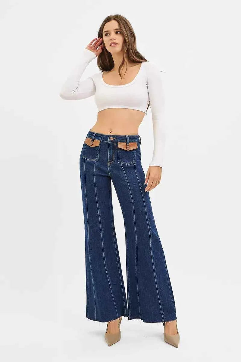 RISEN High Rise Wide Flare Jeans with Front Leather Pocket Detail RISEN High Rise Wide Flare Jeans with Front Leather Pocket Detail