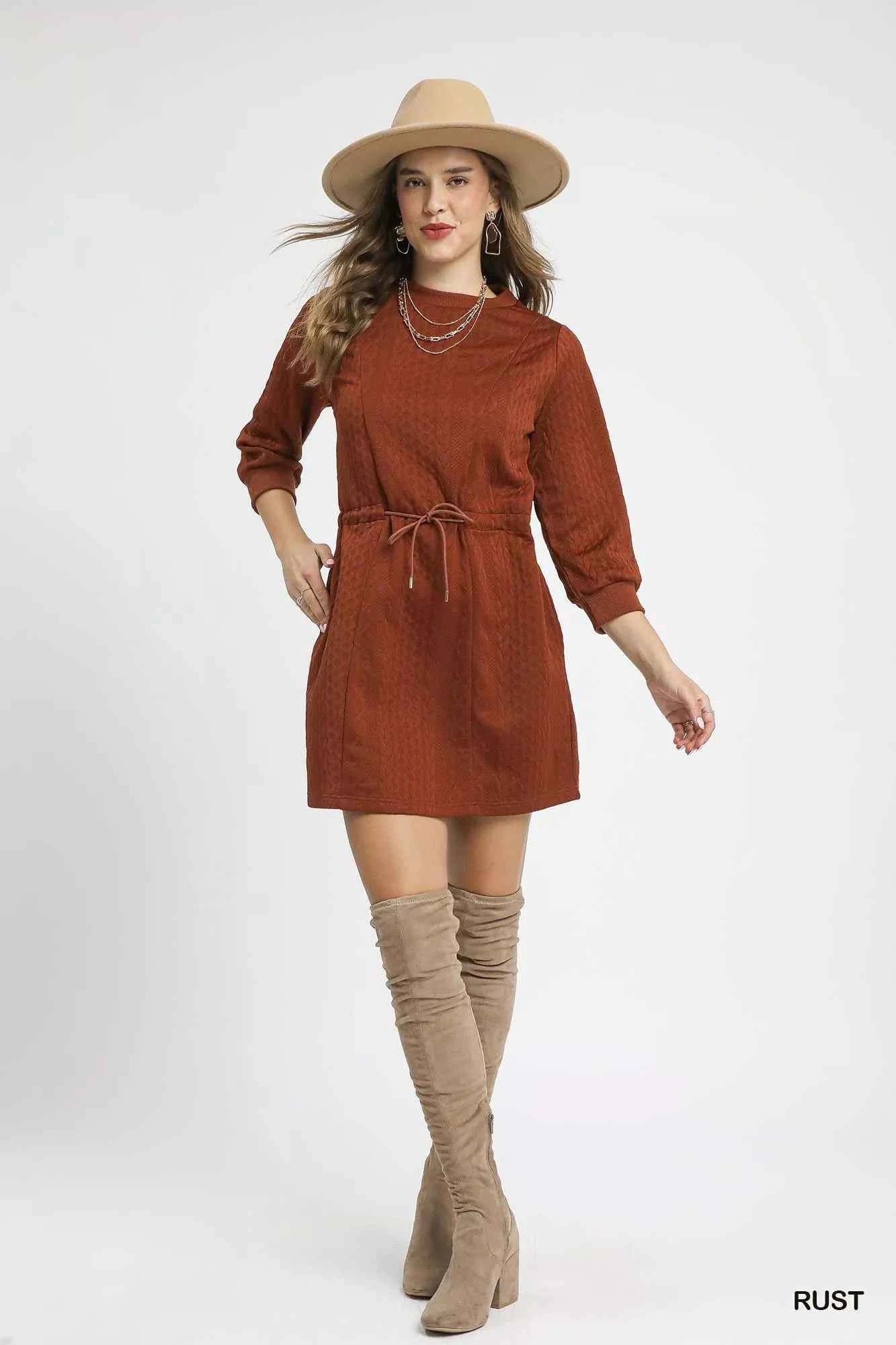 Umgee Drawstring Cable Knit Mini Dress with Pockets Umgee Drawstring Cable Knit Mini Dress with Pockets