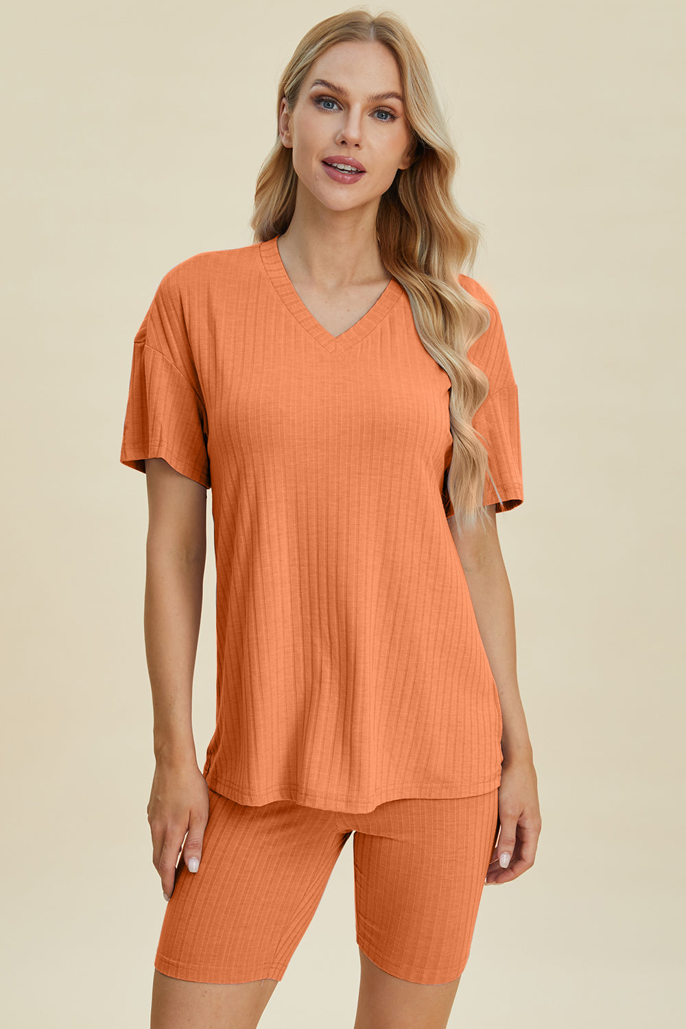 Basic Bae Full Size Ribbed V-Neck Short Sleeve Top and Shorts Set Basic Bae Full Size Ribbed V-Neck Short Sleeve Top and Shorts Set