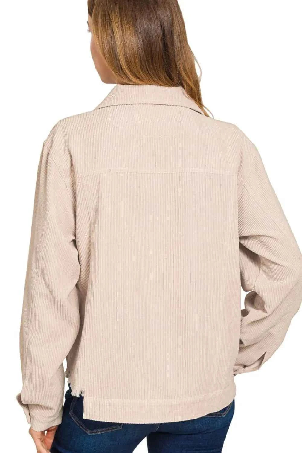 Zenana Distressed Corduroy Frayed Hem Cropped Jacket Zenana Distressed Corduroy Frayed Hem Cropped Jacket