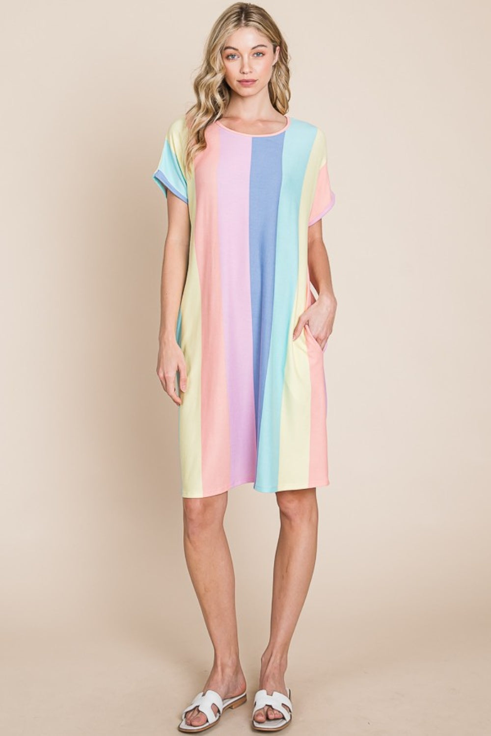 BOMBOM Striped Short Sleeve Dress with Pockets BOMBOM Striped Short Sleeve Dress with Pockets - TopFashionHQ