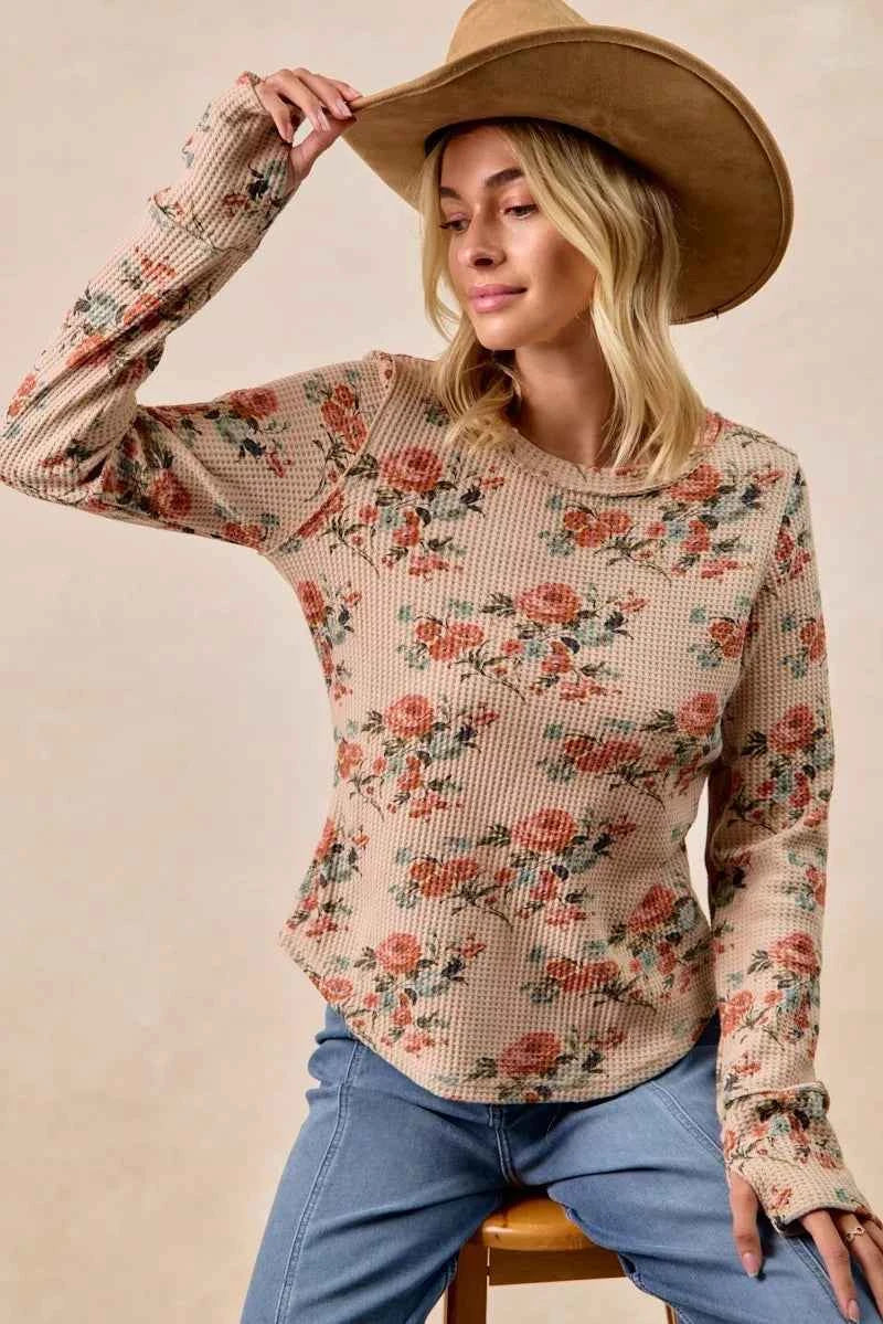 BiBi Floral Print Washed Waffle Thermal Top with Thumb BiBi Floral Print Washed Waffle Thermal Top with Thumb