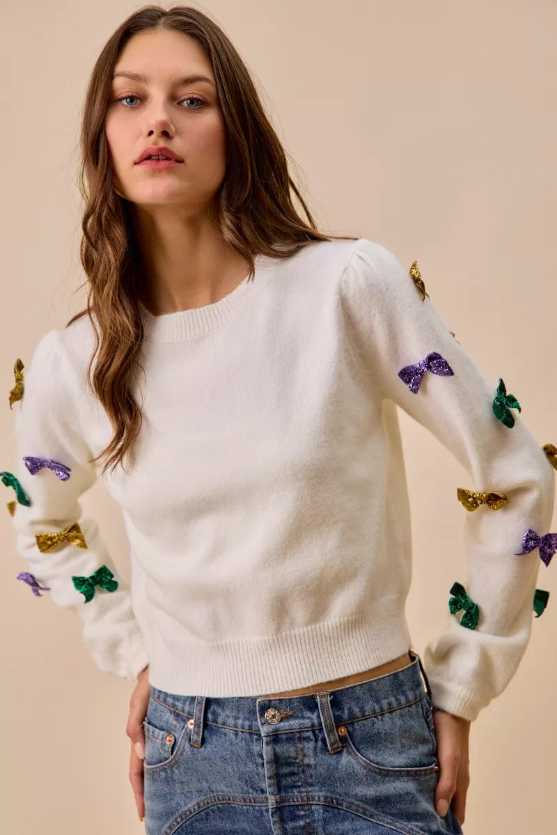 SO ME Mardi Gras Glitter Bow Ribbon Sweater Knit Top c9babb69c05b4f6cbd95835cc68bf4c2-Max-Origin