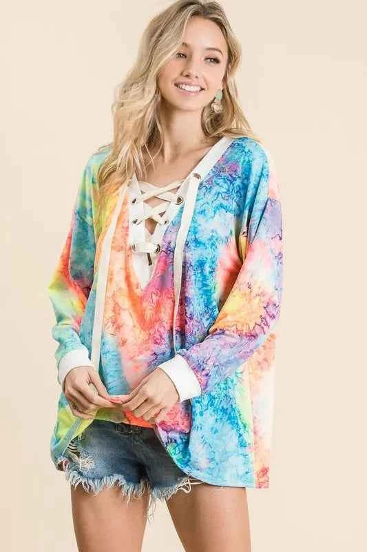 BiBi Tie Dye Deep V-neck Top With Lace Up Front BiBi Tie Dye Deep V-neck Top With Lace Up Front