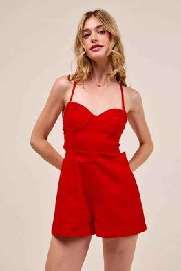 SO ME Fitted Open Back Game Day Romper with Lace Up Deta