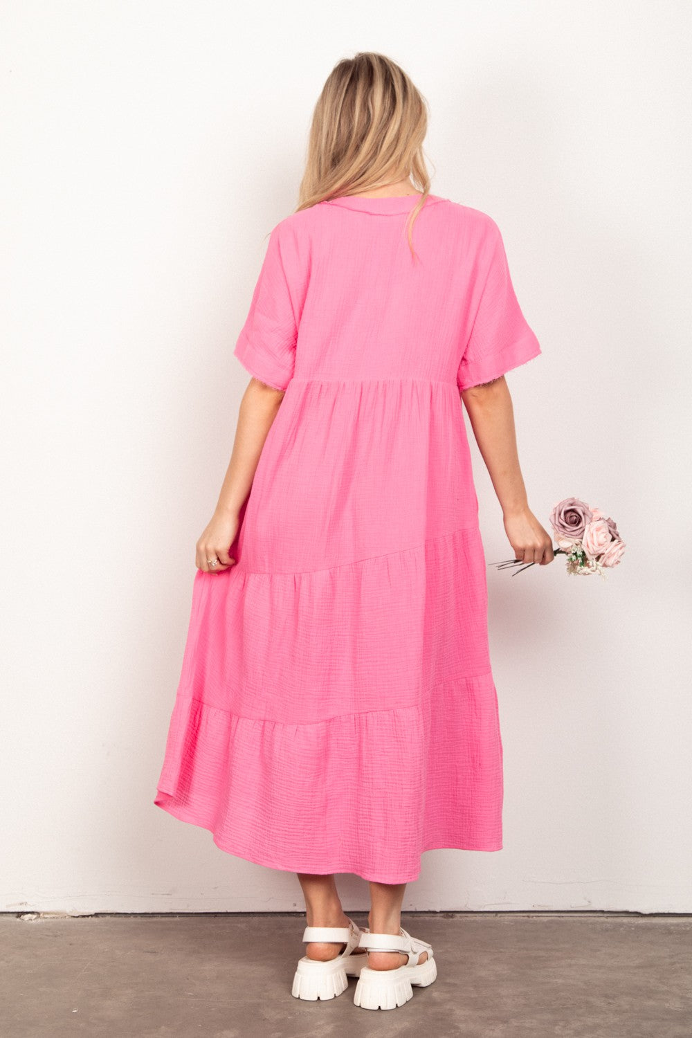 VERY J Soft Crinkle Gauze Short Sleeve Midi Dress VERY J Soft Crinkle Gauze Short Sleeve Midi Dress - TopFashionHQ