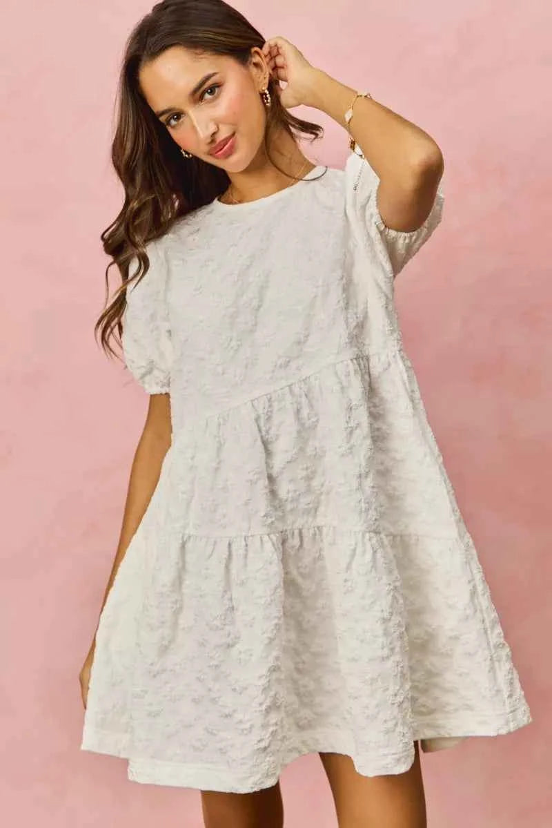 SO ME Floral Jacquard Diagnol Tiered Short Mini Dress SO ME Floral Jacquard Diagnol Tiered Short Mini Dress